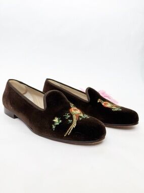 Stubbs & Wootton Velvet Slipper Loafers Brown Pheasant Bird Embroidered